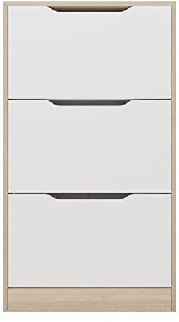 Somnia Descanso - Zapatero con 3 Puertas, Mueble Para Zapatos Estrecho, Modelo Judy, Acabado en Color Cambria y Blanco, Medidas: 107 cm (Alto) x 60 cm (Ancho) x 17,3 cm (Fondo) Práctico y Funcional