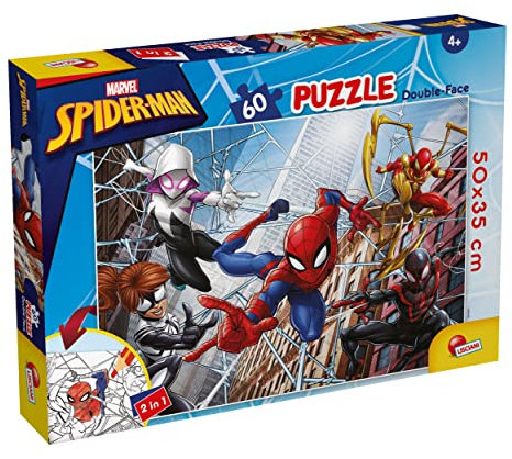 Liscianigiochi - Marvel Puzzle DF, 99689, Doppelseitiges Plus Puzzle 60 Spiderman - Rekonstruieren und Ausmalen der besten Szenen Ihres Superhelden - Format 70x50