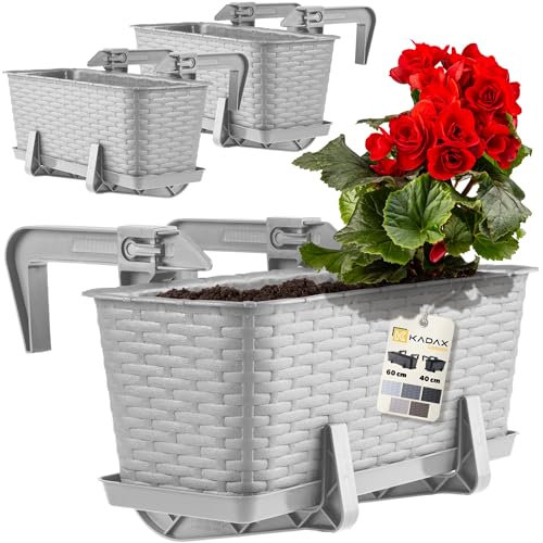 KADAX Lot de 3 jardinières 40 cm en Plastique avec Supports de Fixation – Bacs à Fleurs rectangulaires pour Balcon, Pots résistants pour Plantes et Herbes aromatiques (Gris Clair)