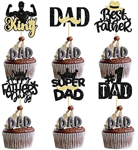 Gyufise 24Pcs Happy Father's Day Cupcake Toppers Glitter Moustache Tie King Super #1 Dad Best Dad Tool Construction Cupcake Picks for Happy Father's Day Theme Party Cake Decorations Supplies Black