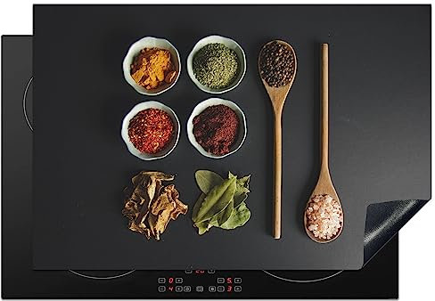 KitchenYeah© Herdabdeckplatte Einteilig Ceranfeld Abdeckplatte für Induktionsschutz Ceranfeldabdeckung Vinyl Herdabdeckplatten Schöpfkelle - Gewürze - Kräuter - Grün - Braun - Rustikal - 76x51 cm