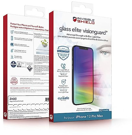 ZAGG InvisibleShield Glass Elite VisionGuard+ Screen Protector - for iPhone 12 Pro Max - Ultimate Scratch and Shatter Protection, Fingerprint Resistant, Smudge Resistant, Oil Resistant, clear