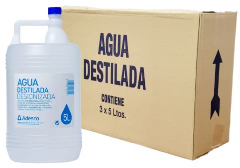 ADESCO Agua Desionizada 3 x 5L Apta para CPAP Autoclave Plancha Baterías Plantas Limpieza Técnica Múltiples Usos 6 Caja con 3 Garrafas de 5 Litros