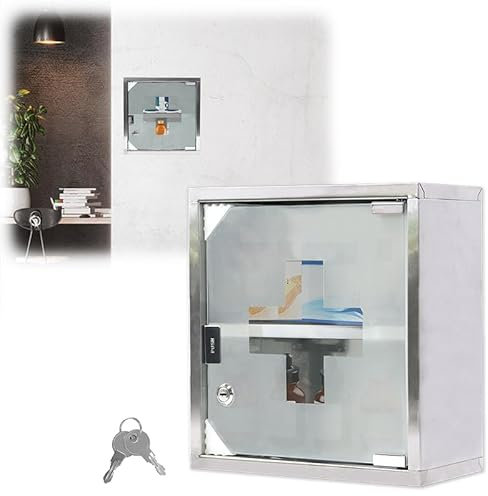 YUENFONG 2 Fächer Medizinschrank aus Edelstahl, Arzneischrank Abschließbar Apothekerschrank mit Glas Tür - Einlegeboden, Medikamentenschrank mit 2 Schlüsseln, 30 x 12 x 30 cm