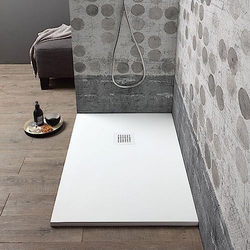 Kiamami Valentina - Piatto Doccia Resina 90x70 | Antiscivolo | Tagliabile | Effetto Pietra | Griglia Copripiletta Inclusa | Installazione Filo Pavimento, Bianco, 70x90 CM