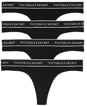 Victoria's Secret Women's Logo Cotton Thong Underwear Pack, Black, M