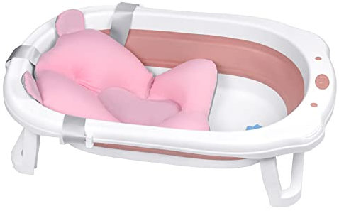 HENGMEI Baby Badewanne Faltbare Babybadewanne mit Sitzkissen Tragbares Badewannensitz Bathtub Für Babys Bad, Rosa