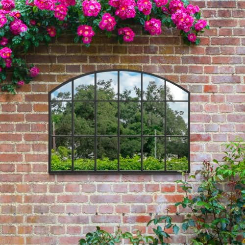 MirrorOutlet The Arcus - Black Framed Modern Arched Garden Wall Window Mirror 35 X 26 (90CM X 65CM) Silver Mirror Glass with Black All weather Backing.…