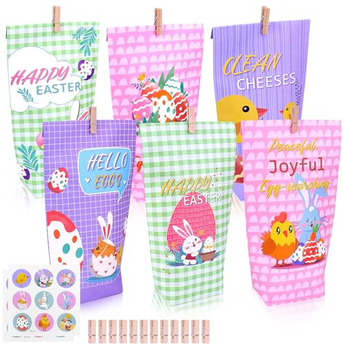 Homgaty 12 Stück Ostertüten zum befüllen, Geschenktüten Ostern mit Hasen, Blumen und Küken, Osterhase Papierktüten mit Holzklammern für Osternest zum Basteln und Verschenken