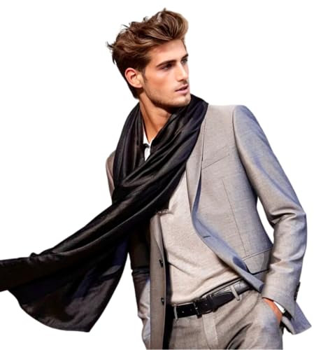 LA FERANI Herren Schal 100% Seide Chiffon Halstuch Seidenschal 180x90cm Uni Farbe für Anzug dunkel Grau Tuch Seidentuch Stola Business Style Geschenk für Ihn (Schwarz)