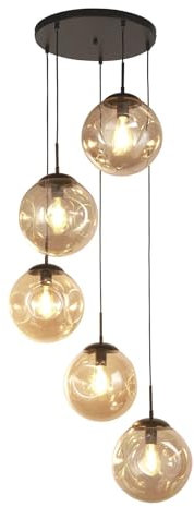 Licht-Erlebnisse Hängelampe rund Ø 61 cm H: max. 1,5 m verstellbar Schwarz Champagner 5-flammig E27 Rauchglas Metall Retro Pendelleuchte Esstisch Wohnzimmer