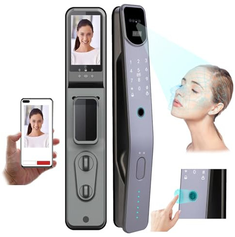 PLABNK 6-in-1 Electronic Door Lock, Face + Fingerprint Recognition Smart Lock, Tuya App/Temporary Password, Anti-Peeping, Low Battery Alert & Eemergency Key,Black