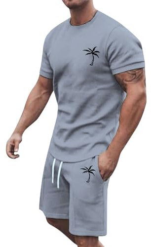 GXYANiaoy Sommer Outfit Herren 2 Teiler Trainingsanzug mit Aufdruck Palme Zweiteiler Sportanzug Kurze Hosen + T Shirt Set Kurzarm Jogginganzug Freizeitanzug Casual Outfit Tracksuit Sport Set Männer