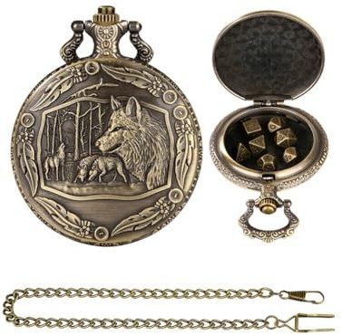 Aublinto Würfel-Taschenuhrgehäuse aus Bronze, gravierter Wolf, klobige Kette, Taschenuhrgehäuse aus Bronze, Würfel, dekorative Hängeuhr