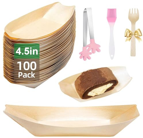 MOAZIFI 100 Stück Fingerfood Schalen Und 100 Stück Gabel, Snack Schalen, Currywurst Schale, Bambus Teller Einweg, Bambus Teller, Holzschale, Pommes Schalen, Snackschale Einweggeschirr