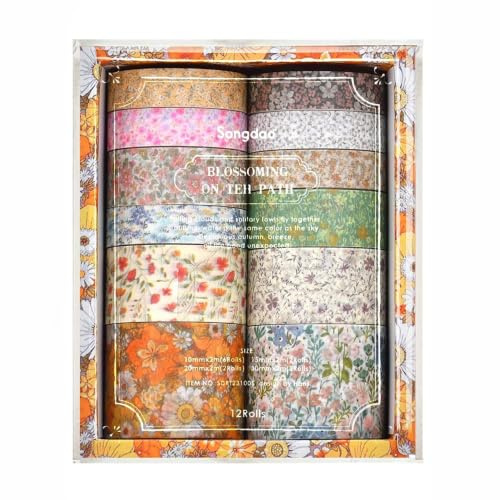 VINEST Washi Tape 12 Rollen Washi Klebeband Set Dekoratives Washi-Tape | Retro Bunt Tape Ablösen Goldfolie Blume, Dekorative Masking Tape für DIY Art & Crafts 10mm/15mm/20mm/30mmx2m
