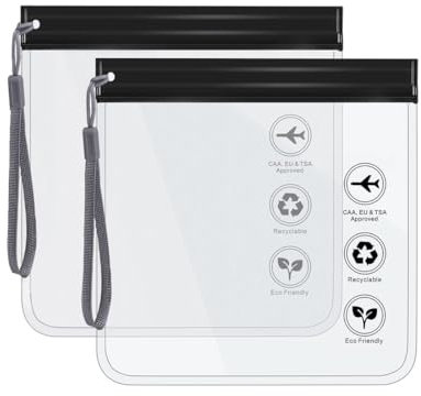 RAMGLYO 2 Piezas Neceser Transparente TSA Aprobado, Impermeable y Antiderrame, Bolsa Líquidos Avión 1 Litro, Apta para Equipaje de Mano, Gadgets de Viaje (20x20cm) (Negro con Asa)