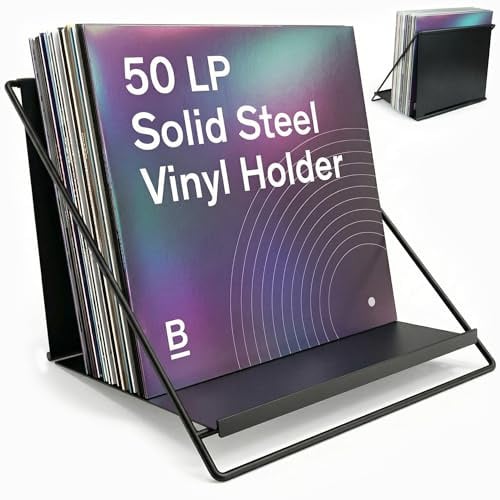 Boundless Audio Vinyl Record Holder - Solid Steel Vinyl Record Storage Rack for 50 LPs - Minimalist Album Organizer with Now Playing Display Stand - Secure LP Crate Alternative - Patented Design