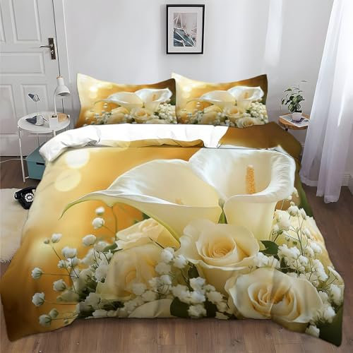 XCQHZYQ Housse de Couette en Microfibre Lys Calla Fleur Rose Parure de Lit Imprimé 2 Personne 220x240 cm, Literie Sets de Housses de Couettes avec Fermeture Éclair et 2 Taies d'oreiller 65x65 cm