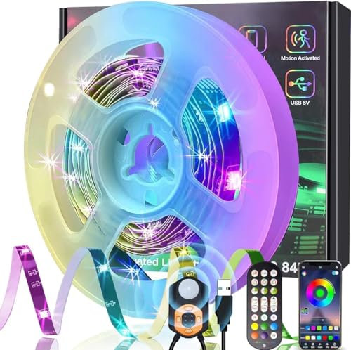 Meiyue LED Strip Bewegungsmelder 3M, RGB LED Streifen mit PIR Bewegungssensor, Fernbedienung & APP Steuerung, 3 Modi, Musik Sync Bluetooth RGB LED Streifen für Bet,Treppen,Schlafzimmer