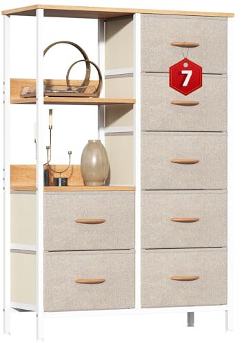 GoaHi Fabric Chest of Drawers Bedroom with 7 Drawers, Tall Storage Organizer Unit with 3 Layer Shelves,Storage Drawers with Fabric Bins, Storage Cabinet for Living Room & Closets(Beige)