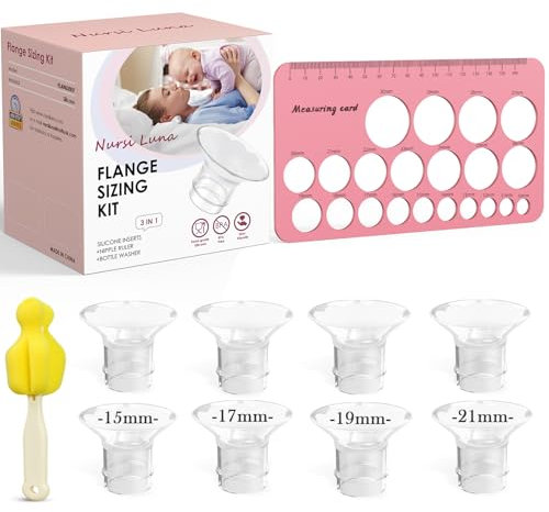 Nursi Luna Flange Sizing Kit 3 in 1 Ultimate with 8PCS Flange Inserts 15/17/19/21mm, Nipple Ruler, Cleaning Brush, Silicone Flanges Insert Kit for 24mm Most Pumps, Pumping Breastfeeding Essentials