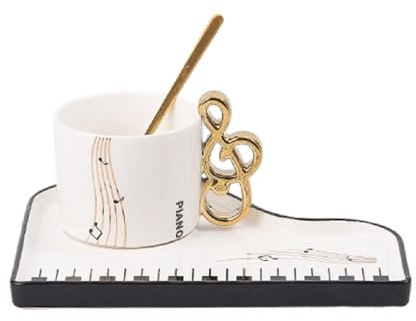 Cute Musical Piano Coffee Mugs Handles Luxury Saucer Spoon Unique Funky Ceramic Cup for Women Men Gift Ready Tea Cappuccino Espresso Americano Latte Box Set Gold Notes Key Tray Music Lovers (White)