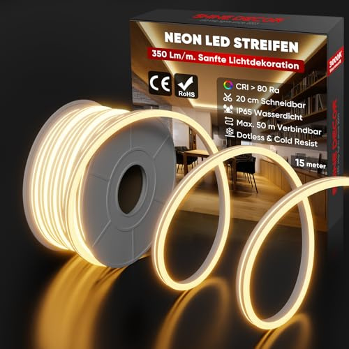 Shine Decor Neon LED Streifen 15m, AC 230V IP65 Wasserdicht LED Band, 120 leds/m Flexible LED-Neon Lichterketten für Home Decoration Küche Garten Beleuchtung (15M, Warmweiß, CE Zertifiziert)