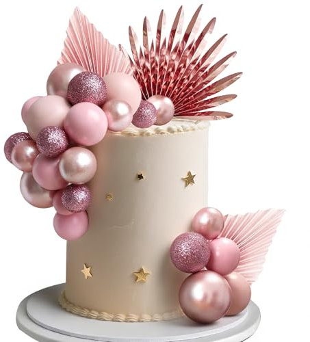 34 Stück Kugeln Tortendeko, Glitter Rosa Kuchen Dekoration Geburtstag, Palmblätter Kuchendeko, Schaum Ball Cake Topper für Hochzeit, Geburtstag, Valentinstag, Baby Shower