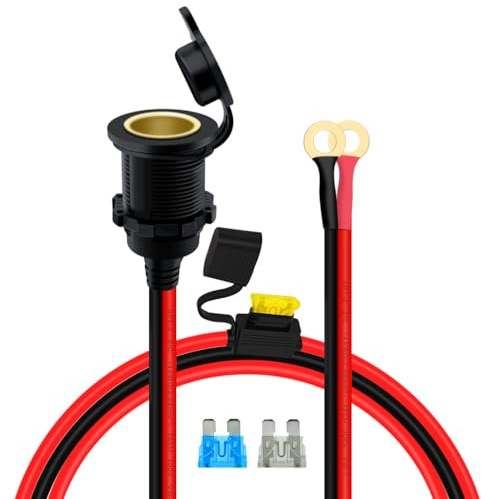YINGAYOU Mechero Coche Cable de Extensión de Coche 14AWG 20A Enchufe Hembra Mechero a Junta Tórica 8mm con Fusible para Coches, Motos y Barcos (2 m)