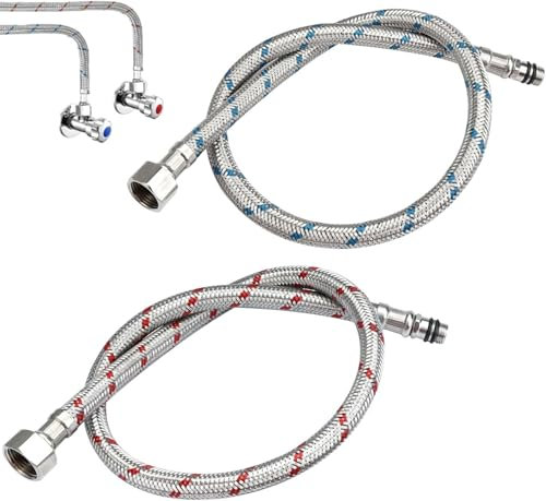 2 Stück 60 cm Anschlussschlauch Armatur, G3/8 x M10 Flexschlauch Verlängerung, Geflochtener Edelstahl Panzerschlauch 3/8 Zoll für Mischbatterie Küchenarmatur, Rot & Blau