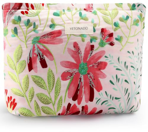 Flower Makeup Bag for Women Cute Makeup Pouch for Purse Zipper Cosmetic Bag Large Capacity Quilted Canvas Aesthetic Travel Toiletry Bags, AJ Embroidery Gerbera