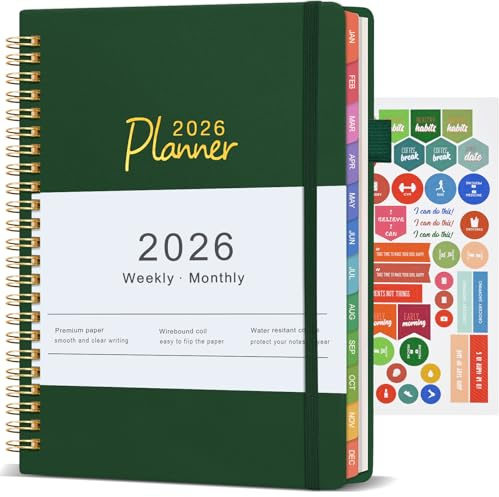 Kalender 2026 A5 – inbundet lock, 12 månader, veckor och månadsöversikt | Veckoplanerare för elever, lärare, arbetare - med anteckningssidor, kontaktsidor, pennhållare, väska, klistermärke, mörkgrön