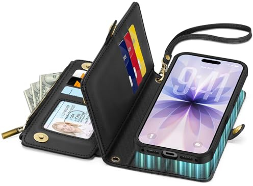 TUCCH Hülle für iPhone 17 6,3, Handyhülle Ständer Schwarz | Magnetisches Case, PU Leder, Kabelloses Aufladen, Crossbody Band, Reißverschluss-Geldbörse, RFID Blocker, Kartenfächern