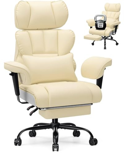 HOFFREE Ergonomischer Bürostuhl für schwergewichtige Personen bis 200kg – PU Leder Chefsessel mit Fußstütze, Hoher Rückenlehne, Verstellbaren Armlehnen und Lendenwirbelstütze in Beige