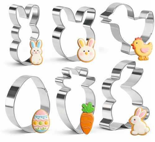 Easter Biscuit and Cookie Cutters, 6-Piece Stainless Steel Set | Peek-a-boo bunny, rabbit, chick, carrot and egg shapes for biscuit dough, fondant and Easter baking