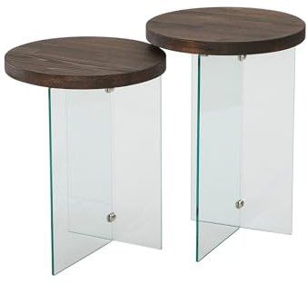 Hanah Home Modern Coffee Table Set (2 Pieces), Transparent & Walnut, 35 x 51 cm & 35 x 46 cm | 100% Tempered Glass & MDF Frame | Stylish & Functional Design for Living Room