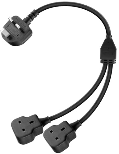 GELRHONR 2 Way Extension Lead 0.4M,Short UK 90 Degrees 1 to 2 Socket Heavy Duty Power Cable 13A/250V for High-Power Vacuum, Heater, Kitchen & Outdoors Garden Tools (Black)