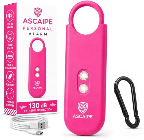 Taschenalarm 130 dB mit LED-Stroboskop, wiederaufladbar – Pink | Laut und sichtbar: 130 dB, 2 Lautsprecher, LED-Stroboskop – wiederaufladbar, mit Batteriewarnung, Taschenlampe und Karabiner