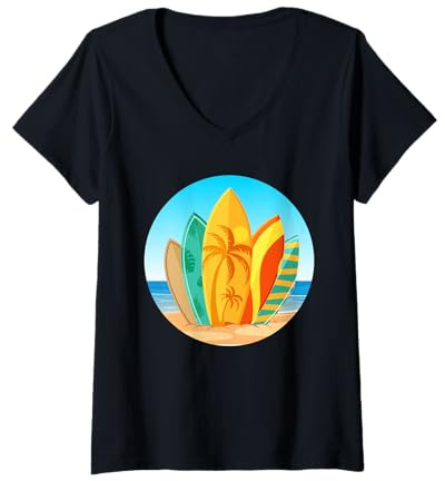 Damen Surfboard Lineup Aquarell Surf Art Coastal Beach Vibe T-Shirt mit V-Ausschnitt