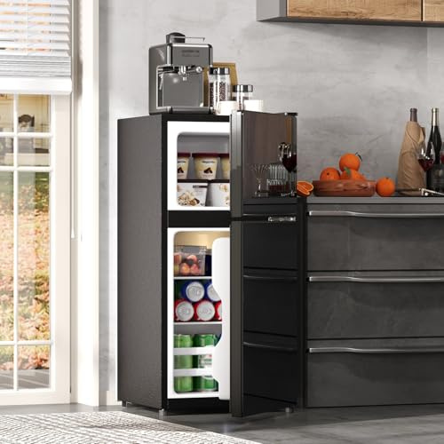 Sweiko Mini Frigo 60L avec compartiment congélation, Petit refrigerateur compact avec éclairage LED, Étagères Amovibles, Mini-réfrigérateur pour Cuisine, Bureau (Black)