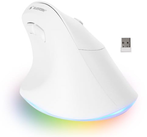 Bluestork - Mouse Verticale Senza Fili 2.4GHz + BT - Ricaricabile Mouse Ergonomico - DPI 800-2400 - 6 Pulsanti RGB - Prevenzione della Sindrome del Tunnel Carpale - PC/Mac/IPAD - Bianco per destrorsi