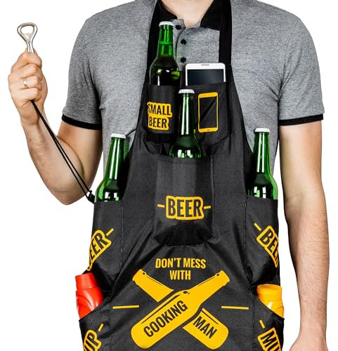 Froster Schürze für einen kochenden Mann, Grillschürze für Männer, Kochschürze mit Taschen einschließlich 4 Bier-Taschen