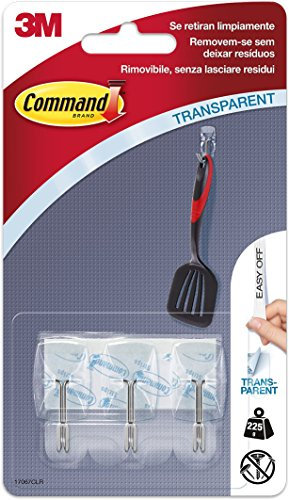 Command Ganci da Cucina Trasparenti Con Punta Metallica - 3 Ganci e 4 Strisce Adesive - Per Appendere Presine, Attrezzi, Strofinacci - Fissaggio Sicuro Senza Chiodi e Rimozione Senza Residui e Danni