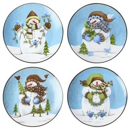 Pfaltzgraff Evergreen Ernie Snowman Porcelain Salad Plates, Set of 4, 8 Inch, Blue