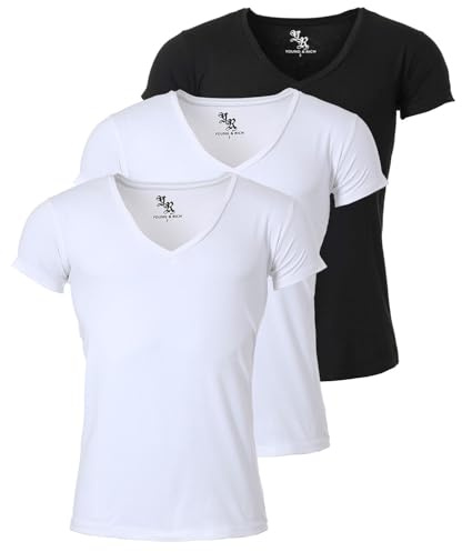 Young & Rich Herren Uni T-Shirt mit extra tiefem V-Ausschnitt slimfit stretch Dehnbare Passform einfarbiges Basic Shirt - 3er Pack