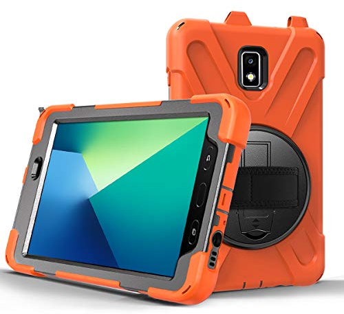 Case for Galaxy Tab Active 2 8.0 Inch T390/T395/T397 Tablet 2019,Built-in Screen Protector,Shockproof 360 Degree Rotation Kickstand, Hand Strap,Shoulder Strip,Pencil Holder, Orange