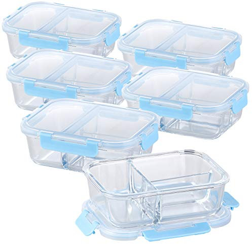 Rosenstein & Söhne Aufbewahrungs-Dose: 6er-Set Glas-Frischhaltedosen mit Klick-Deckeln & 3 Kammern, 1 l (Glasschüssel mit Deckel Mikrowelle, Glasschüsseln mit Deckel-Set, Mikrowellengeschirr aus)