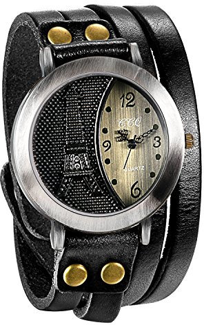 Avaner Armbanduhr Damen Herren Analog Quarzwerk mit Leder Armband Strass Eiffelturm Retro Multilayer Wickelarmband Quarzuhr als tolles Geschenk AN019-02 (Schwarz)