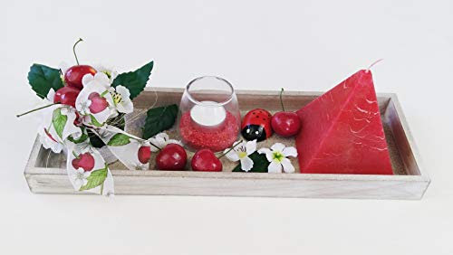 Fibula[Style]® Kerzendekoration Kerzenset Kirsche rot Holztablett 40 x14 cm Hochzeit Frühjahr Sommer Tischdekoration Kerzenarrangement